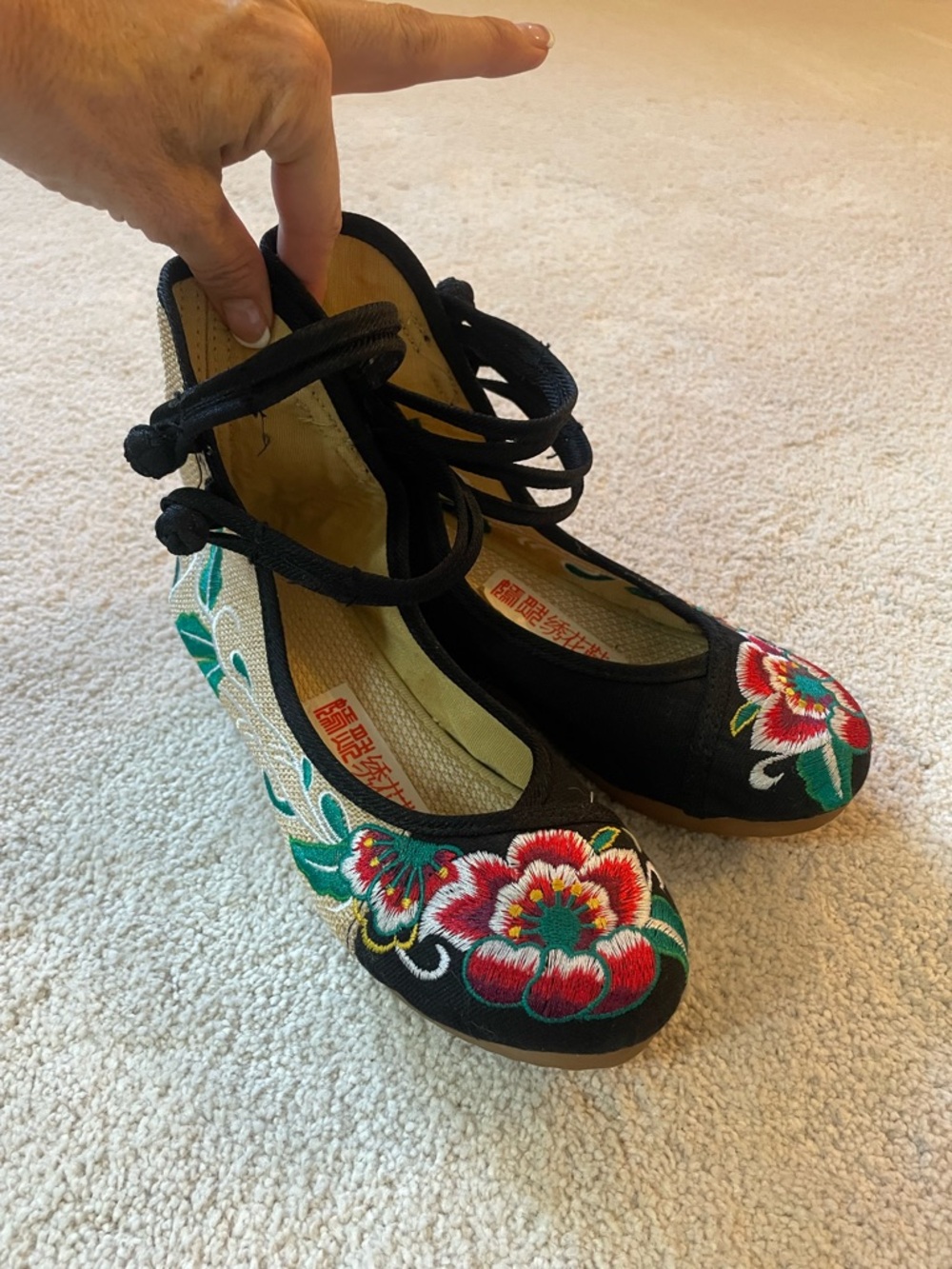 Hip! Fun! Funky! Embroidered Black Floral Tie-Ankle Women’s Flats